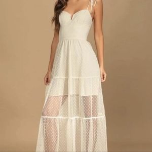 Lulu's Romantic Spot Cream Polka Dot Mesh Tiered Midi Dress